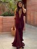 Hugcitar V Neck Ruffles Solid Backless Lace Up Ruched Patchwork Lace Sexy Maxi Dress Women Fashion Y2K Outfits Party Vacation_ecoleips.com