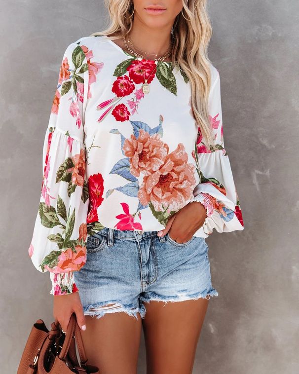 Printed Ruffle Puff Sleeve Round Neck Blouse – Stylish Pullover Top For Women_ecoleips.com