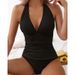 Women's Sexy V-Neck One Piece Swimsuit Solid Color Beach Bikini For Hot Spring Regular Fit Polyester_ecoleips.com