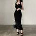 Myufon Basic Knit Long Dress Korean Fashion Square Collar Sleeveless Women's Dresses Summer Casual Y2k Vintage All-match Outftis_ecoleips.com