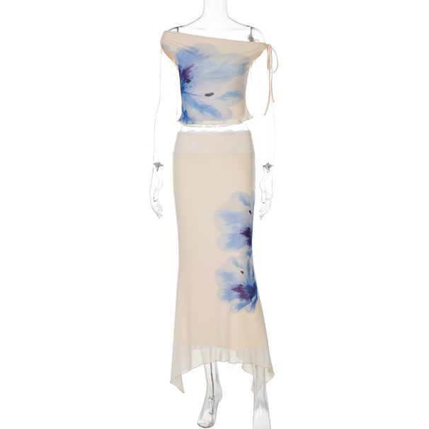 2025 Summer New Fashion Printed Asymmetrical Neck Tie Top Slim Fit Ruffled Skirt Set Wholesale_ecoleips.com