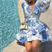 New Floral Print V-Neck Bubble Sleeve Dress – Elegant Ruffle Hem Short Dress For Women_ecoleips.com