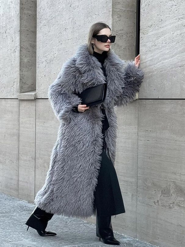 Women's Clothing Long Fur Coat Long Hair Artificial Fur Winter Warm Lapel High End Coat_ecoleips.com