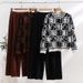Women's Clothing fashion suit round neck loose jacquard slim long sleeve sweater high waist wide leg pants knitted two piece suit_ecoleips.com