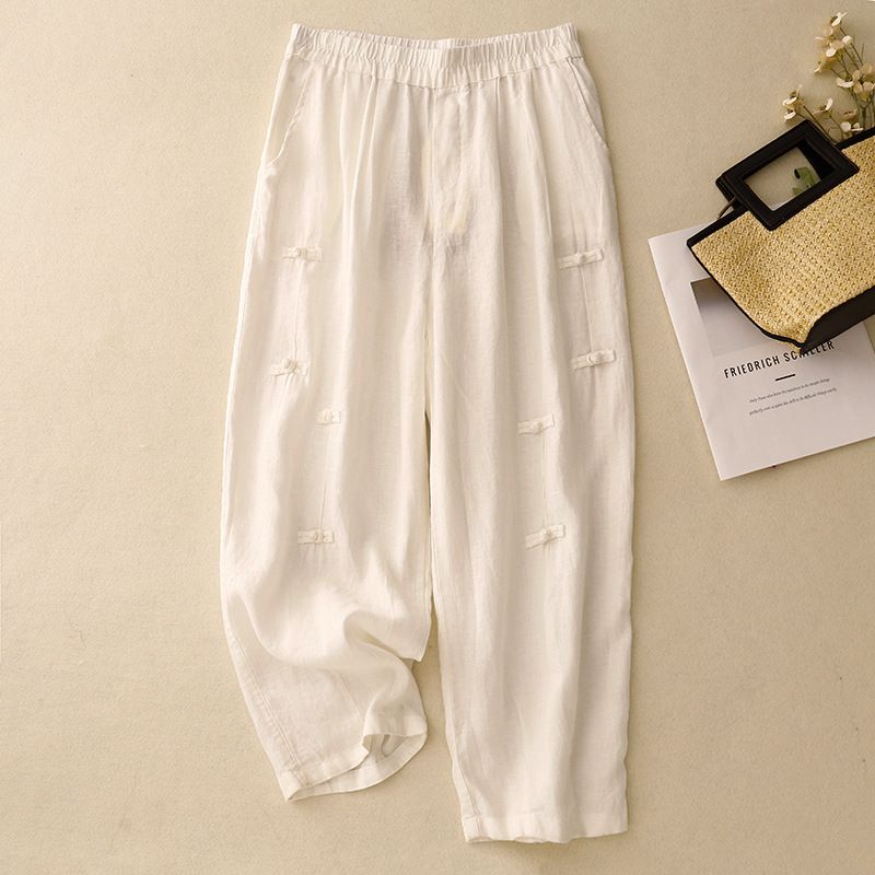 Retro Casual Women's Cotton Linen Cropped Pants Elastic Waist Chinese Button Carrot Harem Style Available In 3 Colors For Spring Summer_ecoleips.com
