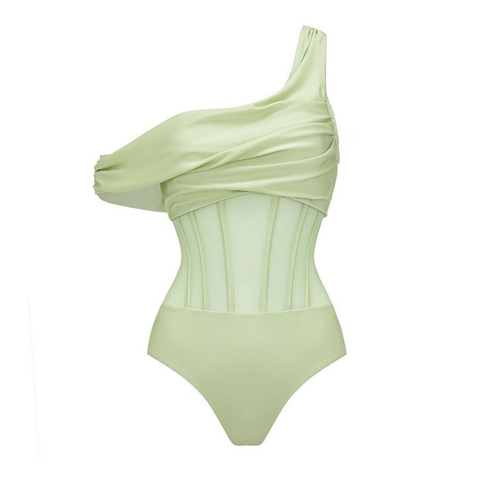 Women's Clothing New One Piece Swimsuit Green One Shoulder Elegant Retro Swimsuit Suit For Women_ecoleips.com