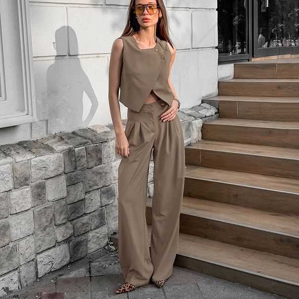 Women's Clothing Casual Khaki Fashion Temperament Sleeveless Vest Trousers Suit Spring And Summer All Match High Waist Two Piece Suit For Women_ecoleips.com
