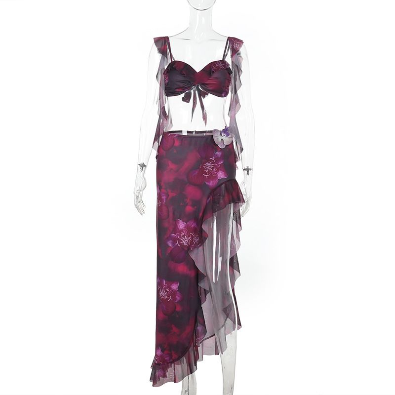 Women's French Street Style Ruffled Print Suit Sexy Slit Skirt Set Resort Wear Summer New Regular Fit Spring/Autumn Clothing_ecoleips.com