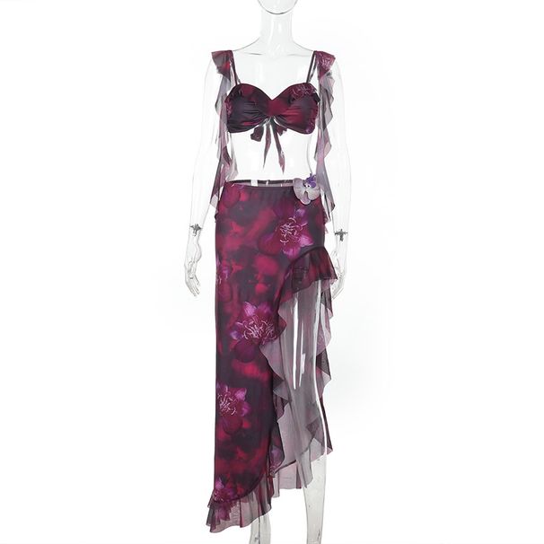 Women's French Street Style Ruffled Print Suit Sexy Slit Skirt Set Resort Wear Summer New Regular Fit Spring/Autumn Clothing_ecoleips.com