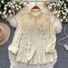 Cross-border European American Striped Long-sleeve Shirt For Women, Summer, With Three-dimensional Floral Embellishments_ecoleips.com