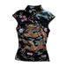 Stylish Women's Slim Fit T-Shirt Color Blocking Stand up Collar Printed Short Sleeves Chinese Knot Button Black European American Style_ecoleips.com