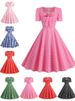 Pink Plaid Swing Party Dresses Women Elegant Vintage Square Collar Short Sleeve Casual Summer Dress_ecoleips.com