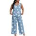 Women's Daisy Sequin Stripe Feather Print Sleeveless Top And Wide Leg Pants Set Fashionable Casual Trendy Spring/Summer Outfit_ecoleips.com