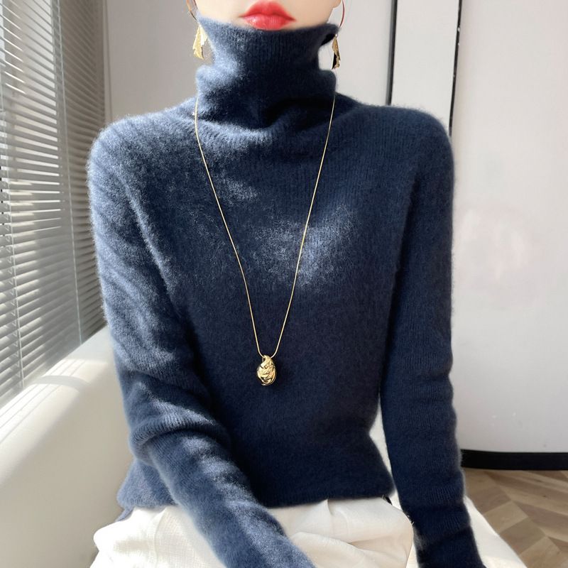 Women's High-Neck Knit Sweater – Soft Viscose Slim-Fit Base Layer (12 Colors, Stacked Collar)_ecoleips.com