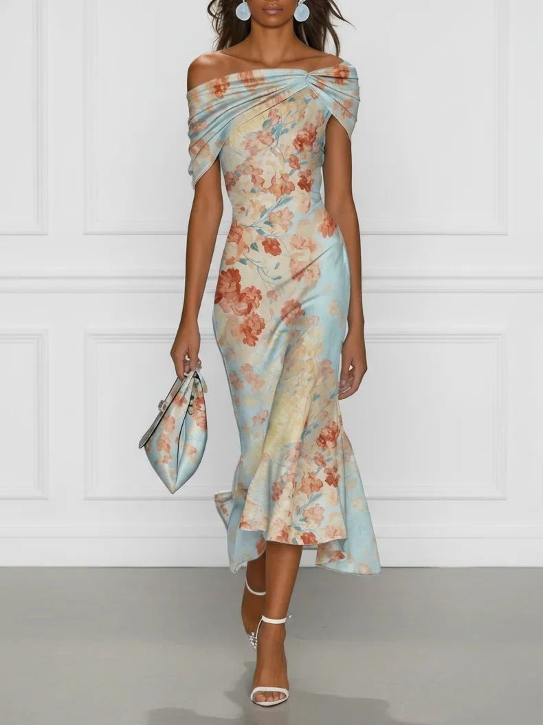 Floral Print Off-Shoulder Midi Dress – Bohemian Ruffle Sleeve High Waist Maxi Dress Comfortable Stretch Polyester_ecoleips.com