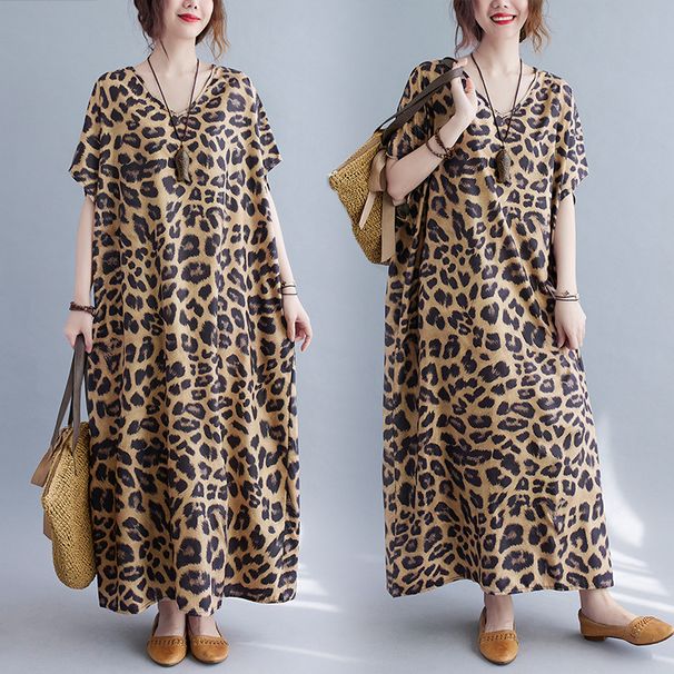 Vintage Inspired V-Neck A-Line Dress, Summer Polyester Flowy Midi Dress With Leopard Print, Casual Elegant Swing Dress For Women_ecoleips.com