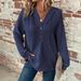 Women's Hooded Waffle Knit Drawstring Button V Neck Long Sleeved Pullover Casual Sports Sweatshirt_ecoleips.com