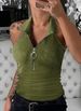 Aria Basics Aria Basics 2024 European And American New Spring Summer Solid Color Ribbed Collar Zipper Vest Fashion Casual T-Shirt Women's_ecoleips.com