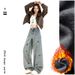 Fleece-Lined American Retro Embroidered Puppy High-Waisted Wide-Leg Jeans Women, New Loose Slimming Straight-Leg Pants_ecoleips.com