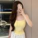 Adjustable Camisole Top For Women Creamy Yellow Pleated Waist Bra Padded Summer Wear Flattering Back Short Inner Tank Top_ecoleips.com