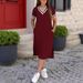 Women's Summer V Neck Dress Simple Loose Fitting Short Sleeved With Slit Hem_ecoleips.com