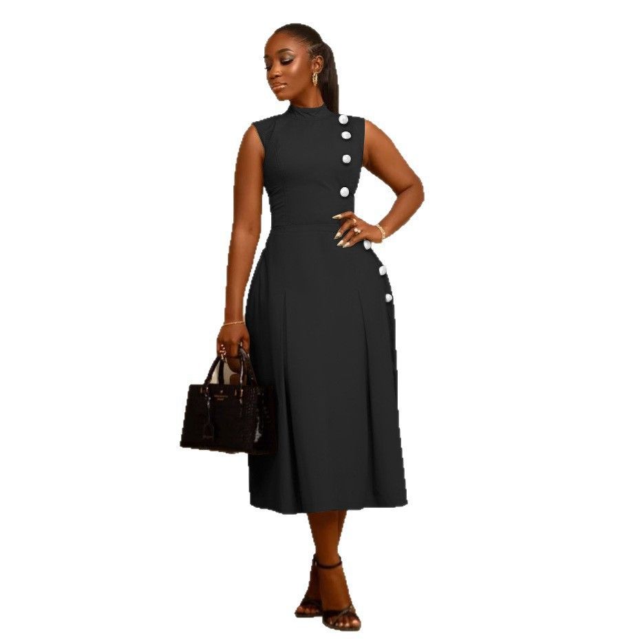 Elegant Temperament European American Waist Stand Collar Sleeveless Button Decoration Dress S10993_ecoleips.com