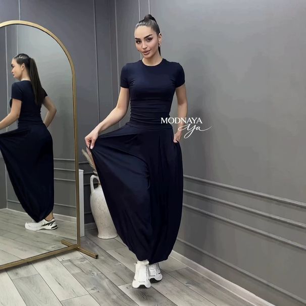 Summer New Style Women's Casual Elegant Suit Short Sleeved T-Shirt And Wide Leg Pants Clothing Set_ecoleips.com