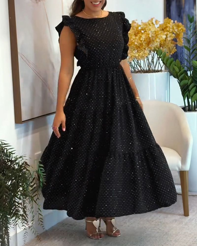 Women's Clothing New Black Full Body Flash Hot Diamond Small Flying Sleeve Waist Ruffle Long Skirt_ecoleips.com