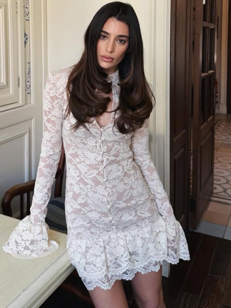 JULISSA MO Turtleneck Sexy Hollow Out Ruffles Women Dress White Flare Sleeve A-line Dress Summer Skinny Elegant Party Club Dress_ecoleips.com