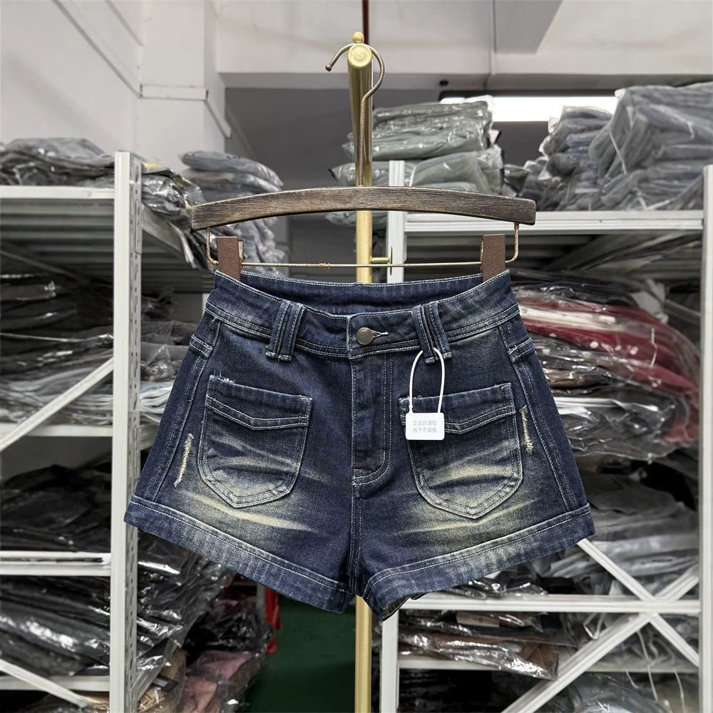 High Waisted Rolled Up Denim Shorts For Women Summer Retro Style Slimming Wide Leg A-Line Hot Girl Pants_ecoleips.com