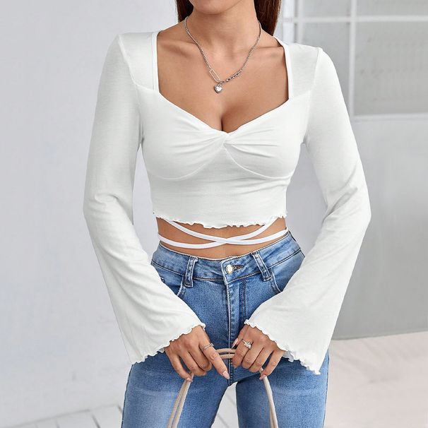 Voya Women's 2026 Elegant And Generous Temperament Collar, Waist Strap, Trumpet Long Sleeved Dating Slim Fit Short Top_ecoleips.com