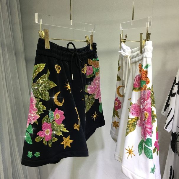 Women's Clothing Heavy Duty Hot Diamond Shorts Women's High Waist Slim Black Versatile Elastic Waist Wide Leg Pants_ecoleips.com
