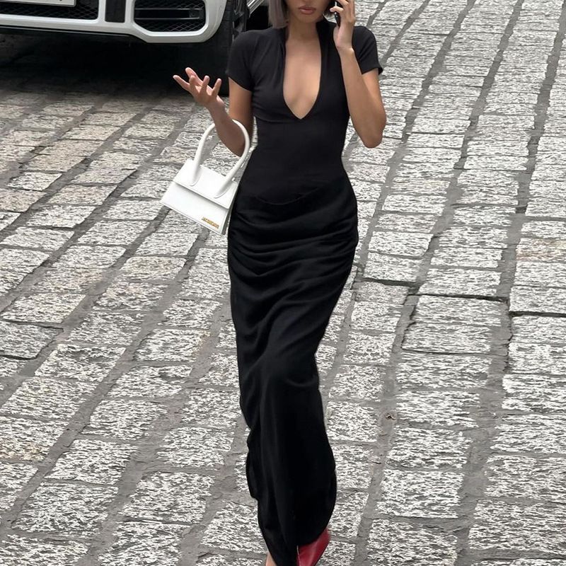 Women's Sexy Casual Deep V Dress Short Sleeved Solid Color Spicy Style Pleated Long Summer New Clothing_ecoleips.com