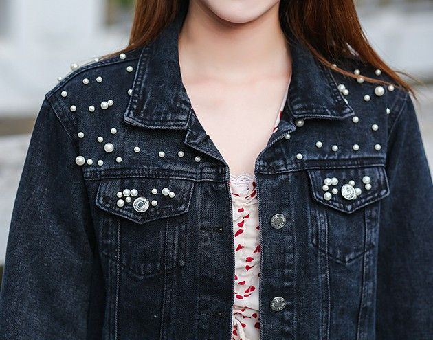 Women's Clothing Plus-Size Embellished Denim Jacket – Oversized Fit With Rhinestone Details (7 Sizes, Black/Light Blue/Cream)_ecoleips.com