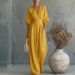 Elegant V-Neck Waist-Defining Jumpsuit For Women - Chic Wide-Leg Romper With Ruffle Detail Flattering V-Neckline_ecoleips.com