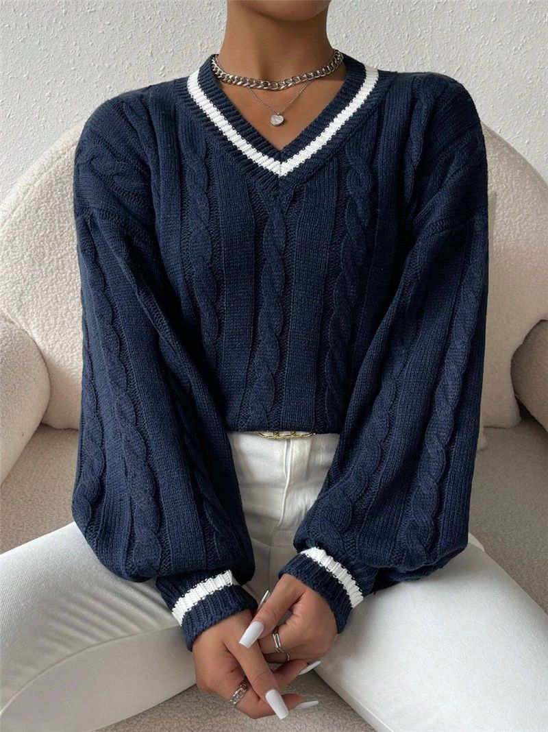 Women's Clothing Autumn And Winter Temperament Contrast Color Cable Sweater Loose V Neck Fashionable Tops For Women_ecoleips.com