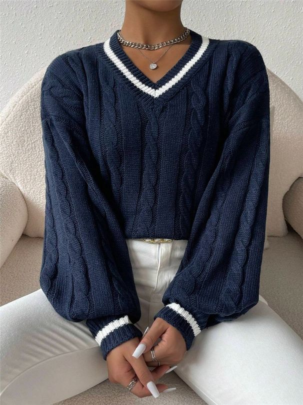 Women's Clothing Autumn And Winter Temperament Contrast Color Cable Sweater Loose V Neck Fashionable Tops For Women_ecoleips.com