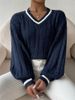 Women's Clothing Autumn And Winter Temperament Contrast Color Cable Sweater Loose V Neck Fashionable Tops For Women_ecoleips.com