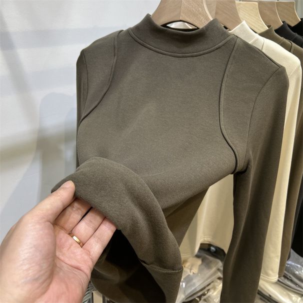 2025 Brushed Warm Elasticity Line Feeling Semi High Neck Long Sleeved Base Shirt Autumn And Winter New Skin Friendly_ecoleips.com