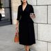 Sophisticated Double-Breasted Midi Dress With Belt – Women's Stretch Polyester Blazer Dress For Fall/Winter (S-XXXL, Office To Evening Elegance)_ecoleips.com