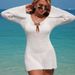 Women's Elegant Knitted Beach Dress With Shell Metal Decor, V-Neck, Long Sleeve, Bodycon Fit – White/Black (S/M/L)_ecoleips.com