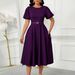 D590 European And American Women's 2025 Summer Fashion Puff Sleeve Elegant High Waist Solid Color Round Neck Large Hem_ecoleips.com