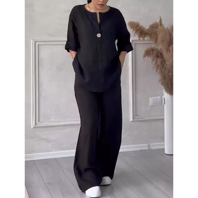 Women's Fashion Wide Leg Pants Set Casual Retro Style Full Length Polyester Spring/Autumn Wear_ecoleips.com