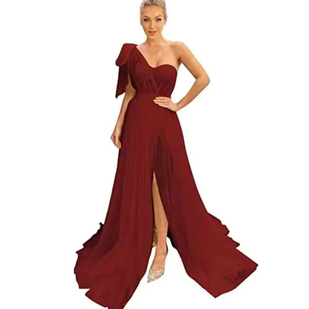 Elegant One-Shoulder Slit Evening Gown Train A-Line Party Dress for Banquets And Dances Women's Sexy Cocktail Dress_ecoleips.com