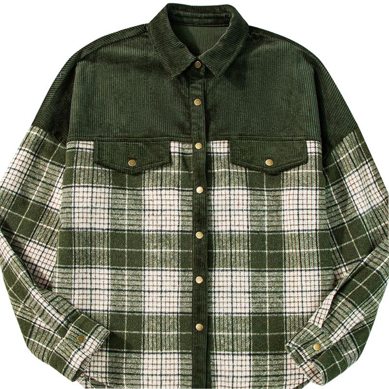 Women's Corduroy Checkered Blazer With Color Blocking - Long Sleeve Statement Jacket With Polo Collar (S-XL)_ecoleips.com