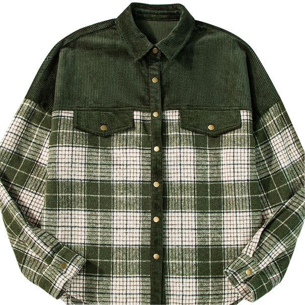 Women's Corduroy Checkered Blazer With Color Blocking - Long Sleeve Statement Jacket With Polo Collar (S-XL)_ecoleips.com