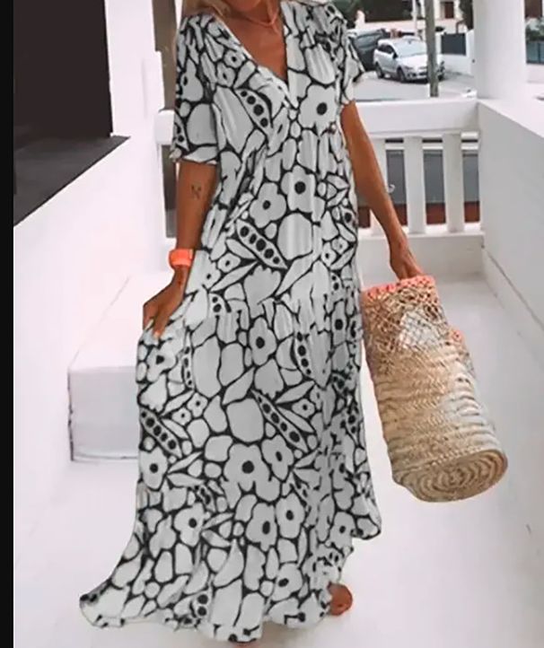 Women Elegant Printed Short Sleeve V Neck Maxi Dress Casual Summer Vacation Long Dress_ecoleips.com