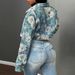 Women's Floral Print Cropped Denim Jacket Set, Long Sleeve Button Down Crop Coat & High Waist Jeans 2 Piece Outfit, Casual Streetwear Daily Wear Match_ecoleips.com