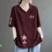 Women's Short Sleeve T-Shirts V Neck Printed Loose Fit Plus Size Casual Stylish Top For Middle-Aged_ecoleips.com