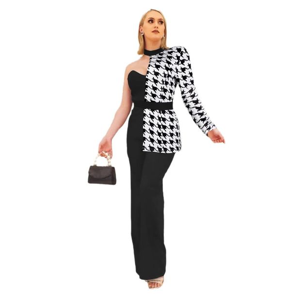 Women's Clothing Sexy Printed One Shoulder Sleeve Elastic Waist Wide Leg Jumpsuit Two Piece Set_ecoleips.com
